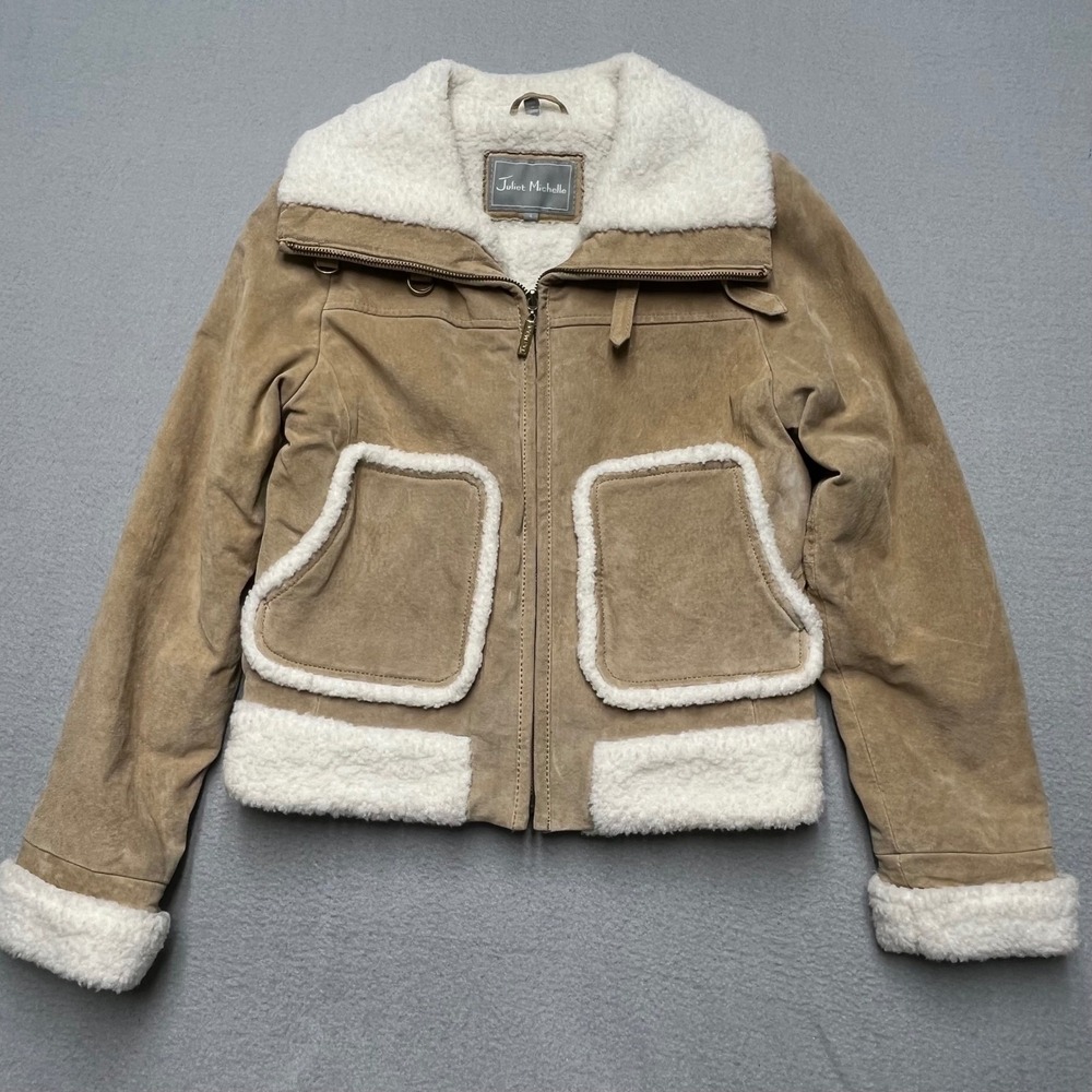 Juliet Michelle Tan Suede Leather‎ Jacket Faux Shearling Lined Zip Front kids L